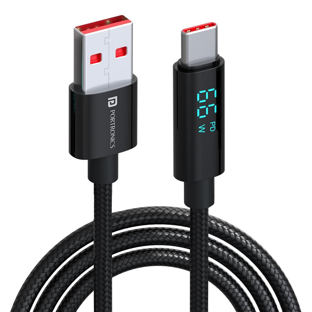 Portronics Konnect View 66W Type C Cable with LED Display 6.5A Output, Nylon Braided, Fast Data Sync, 1.2M Length, Tangle Resistant