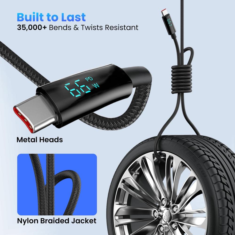 Portronics Konnect View 66W Type C Cable with LED Display 6.5A Output, Nylon Braided, Fast Data Sync, 1.2M Length, Tangle Resistant