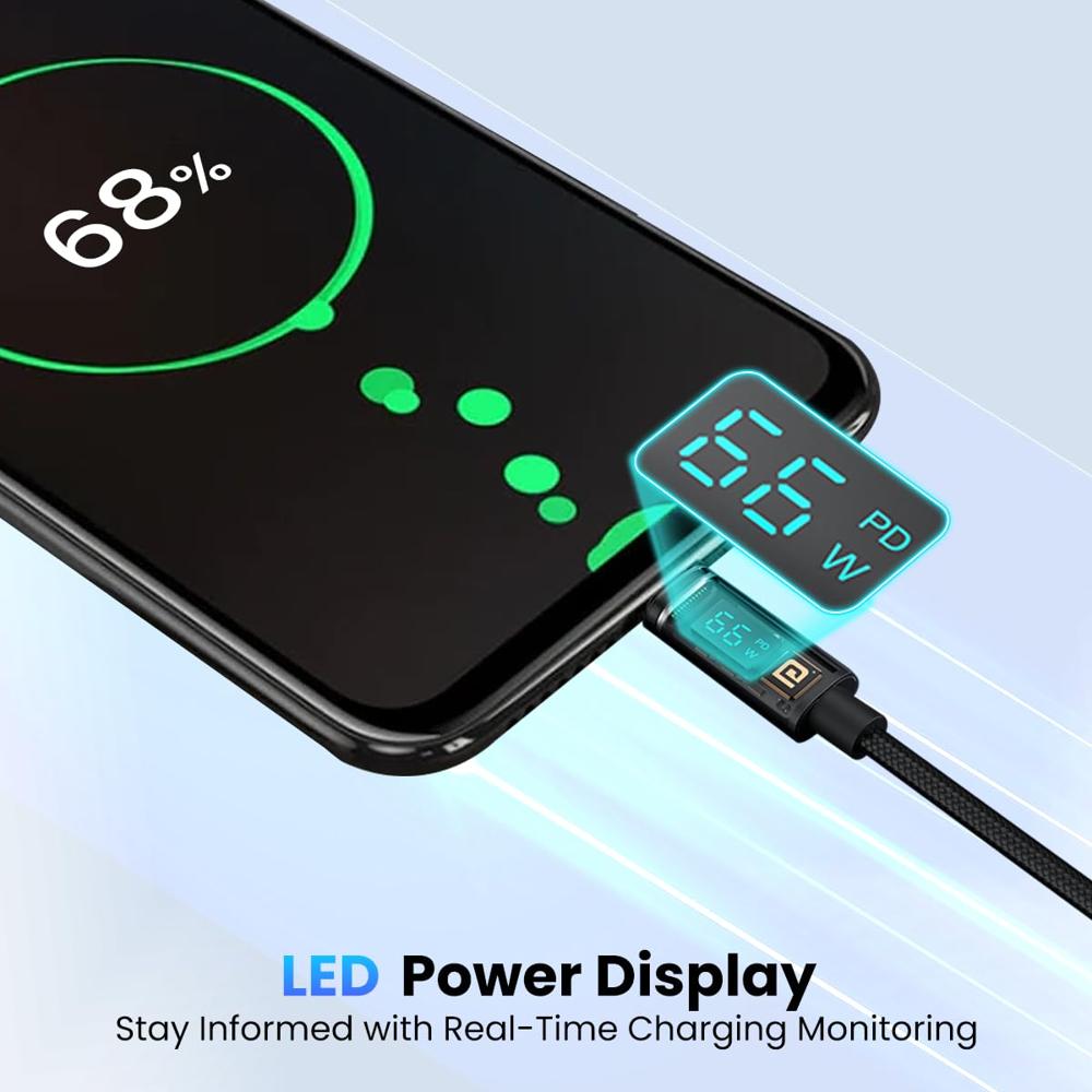 Portronics Konnect View 66W Type C Cable with LED Display 6.5A Output, Nylon Braided, Fast Data Sync, 1.2M Length, Tangle Resistant