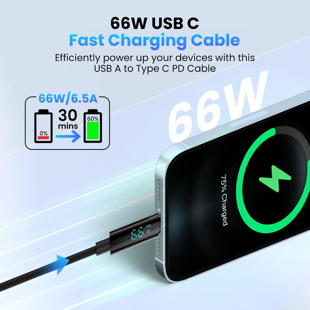 Portronics Konnect View 66W Type C Cable with LED Display 6.5A Output, Nylon Braided, Fast Data Sync, 1.2M Length, Tangle Resistant