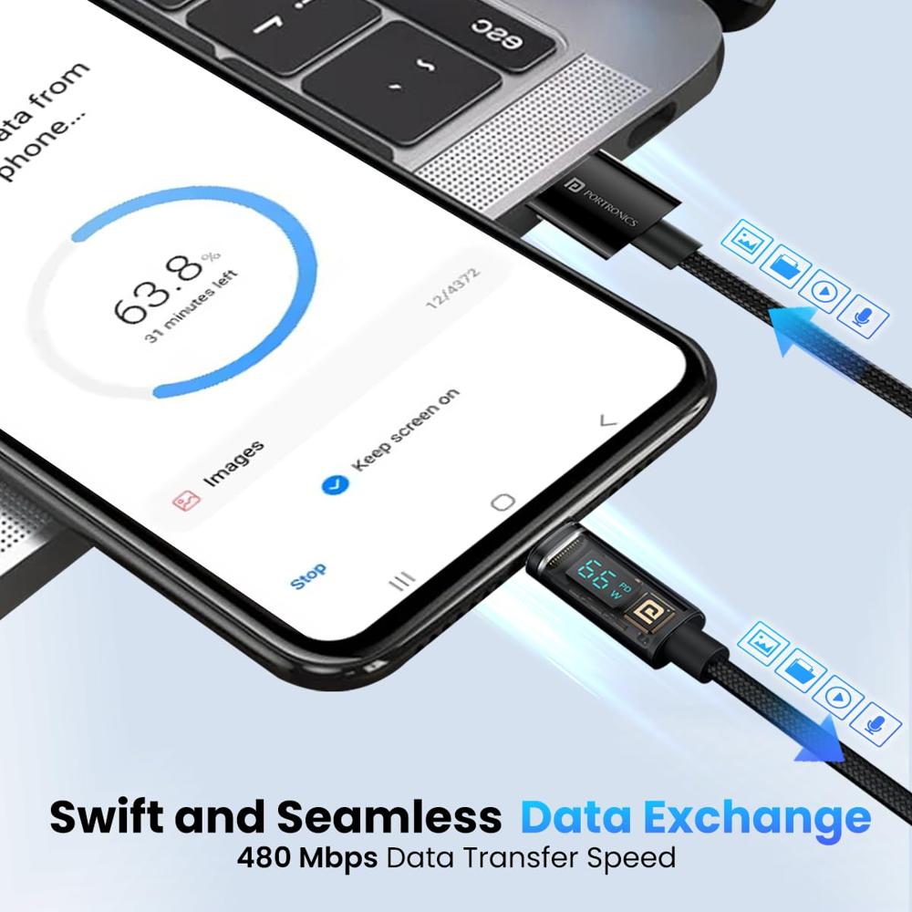 Portronics Konnect View 66W Type C Cable with LED Display 6.5A Output, Nylon Braided, Fast Data Sync, 1.2M Length, Tangle Resistant
