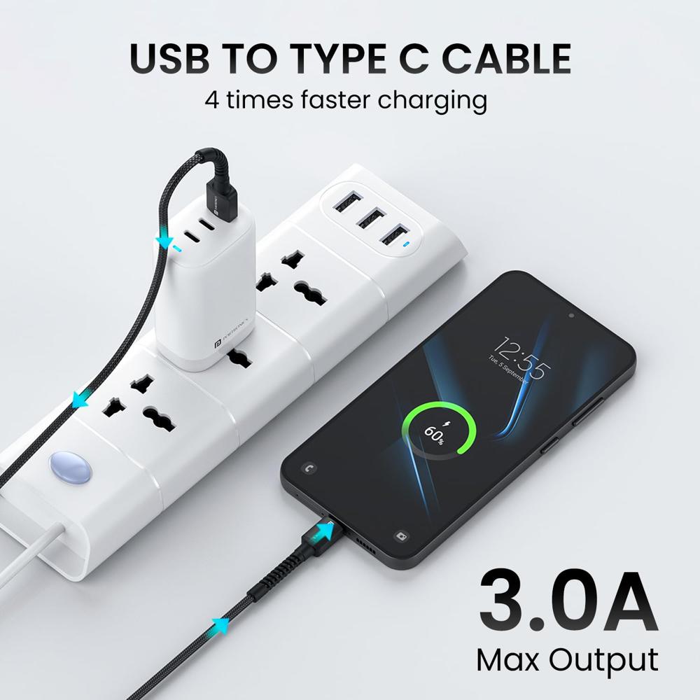 Portronics Konnect X 3A Unbreakable Nylon Braided USB to Type C Fast Charging Cable 2M Long, Supports All