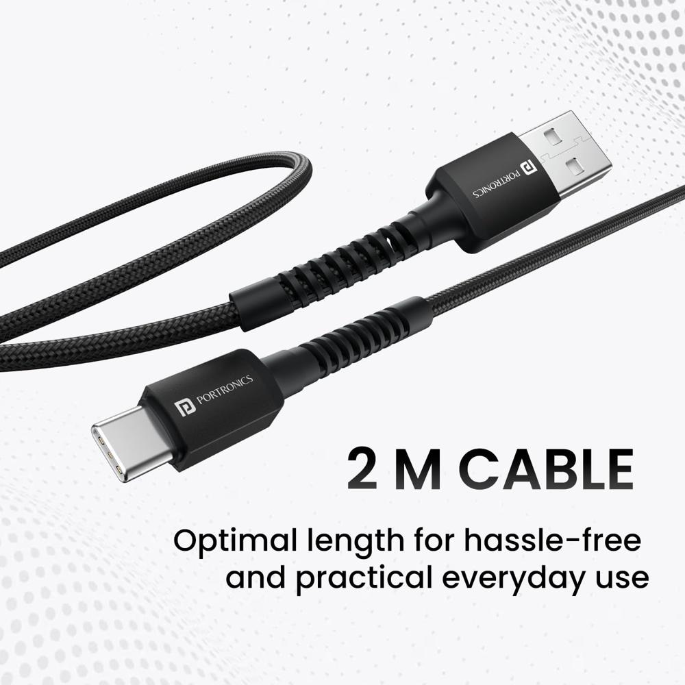 Portronics Konnect X 3A Unbreakable Nylon Braided USB to Type C Fast Charging Cable 2M Long, Supports All