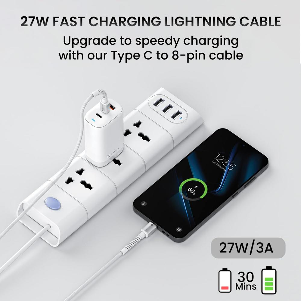 Portronics Konnect X Type C to 8-Pin 27W Fast Charging Cable, Premium TPE Material, Support to