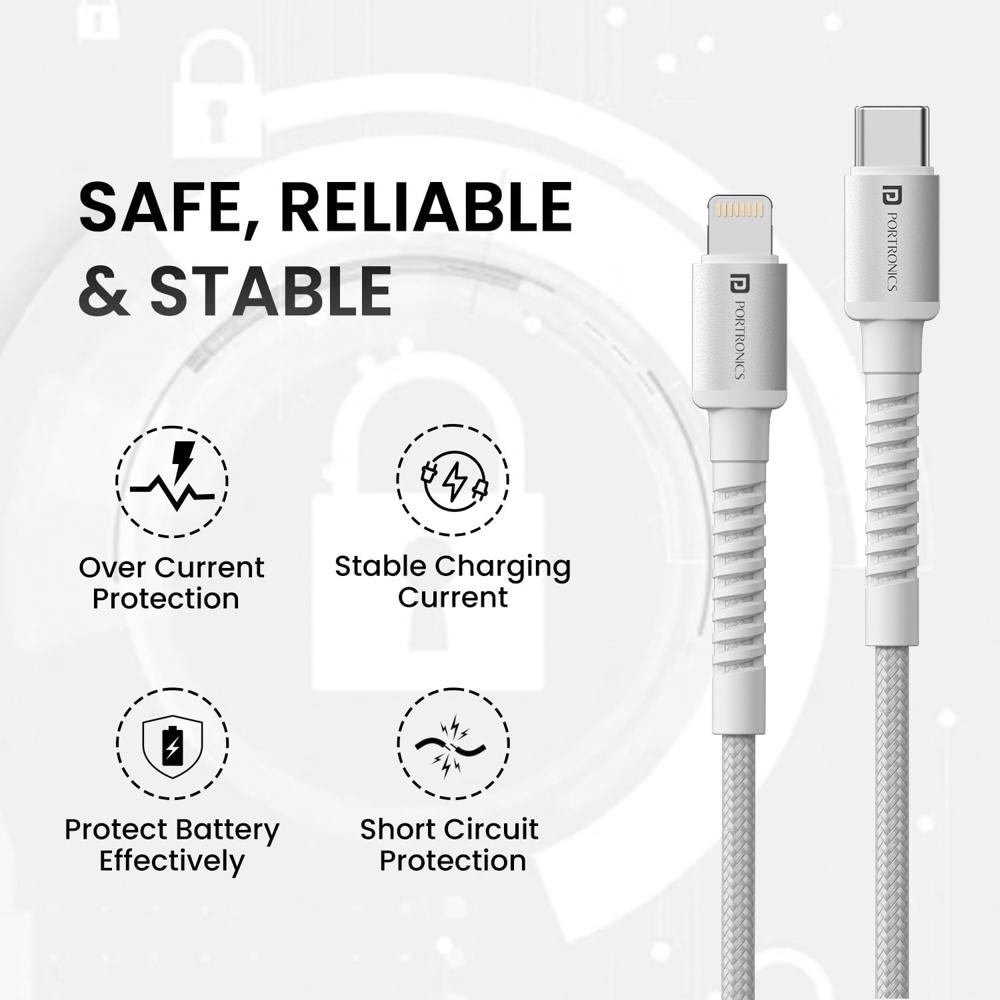 Portronics Konnect X Type C to 8-Pin 27W Fast Charging Cable, Premium TPE Material, Support to