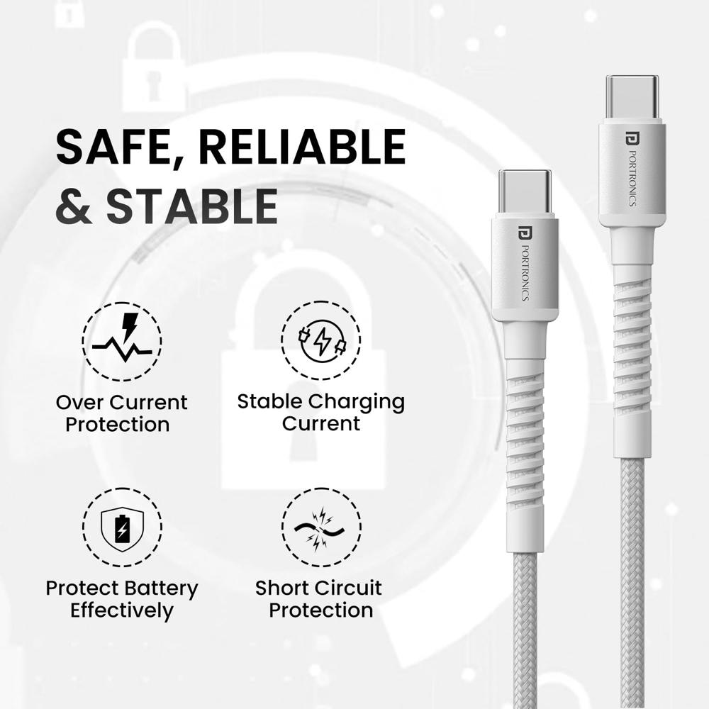 Portronics Konnect X 60W Type C to Type C Unbreakable Nylon Braided Cable, 2M Fast Charging Cable