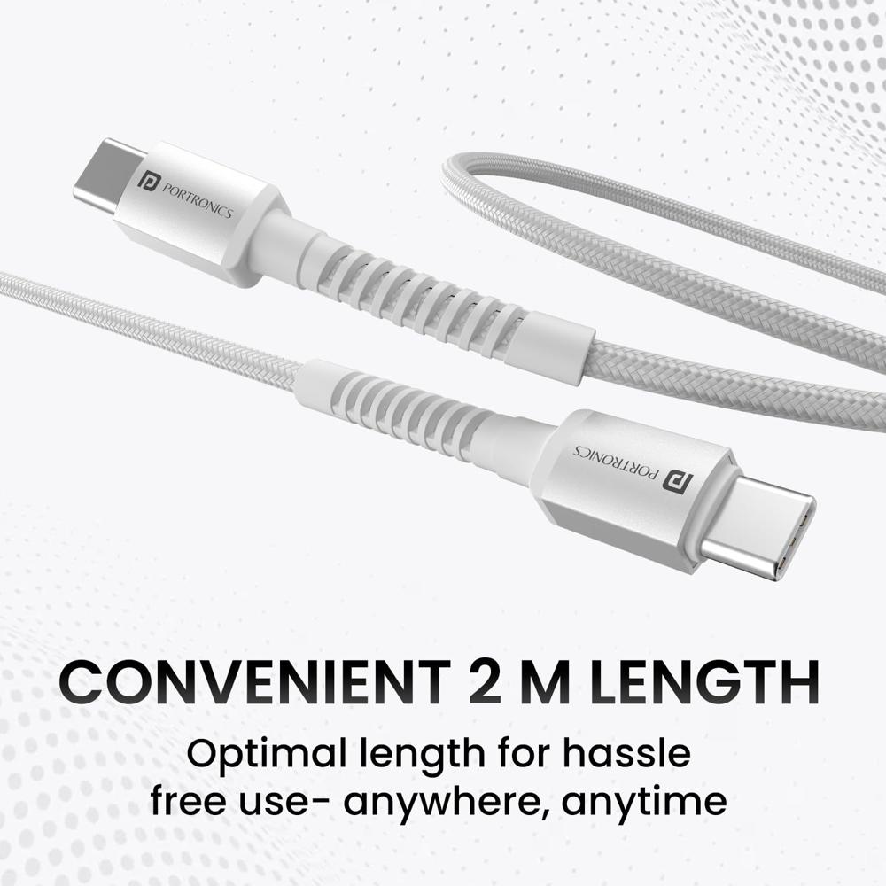 Portronics Konnect X 60W Type C to Type C Unbreakable Nylon Braided Cable, 2M Fast Charging Cable