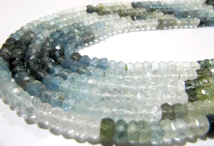 Natural Moss Aquamarine Rondelle Faceted Shaded 3 to 5mm Gemstone Beads Strand 13 inches long