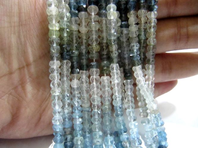 Natural Moss Aquamarine Rondelle Faceted Shaded 3 to 5mm Gemstone Beads Strand 13 inches long