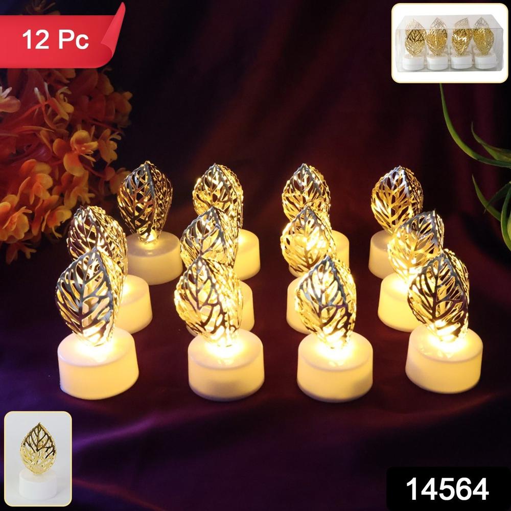 Decorative Golden Leaf Shaped Flameless Led Candles (12 Pc) - Color: Mix