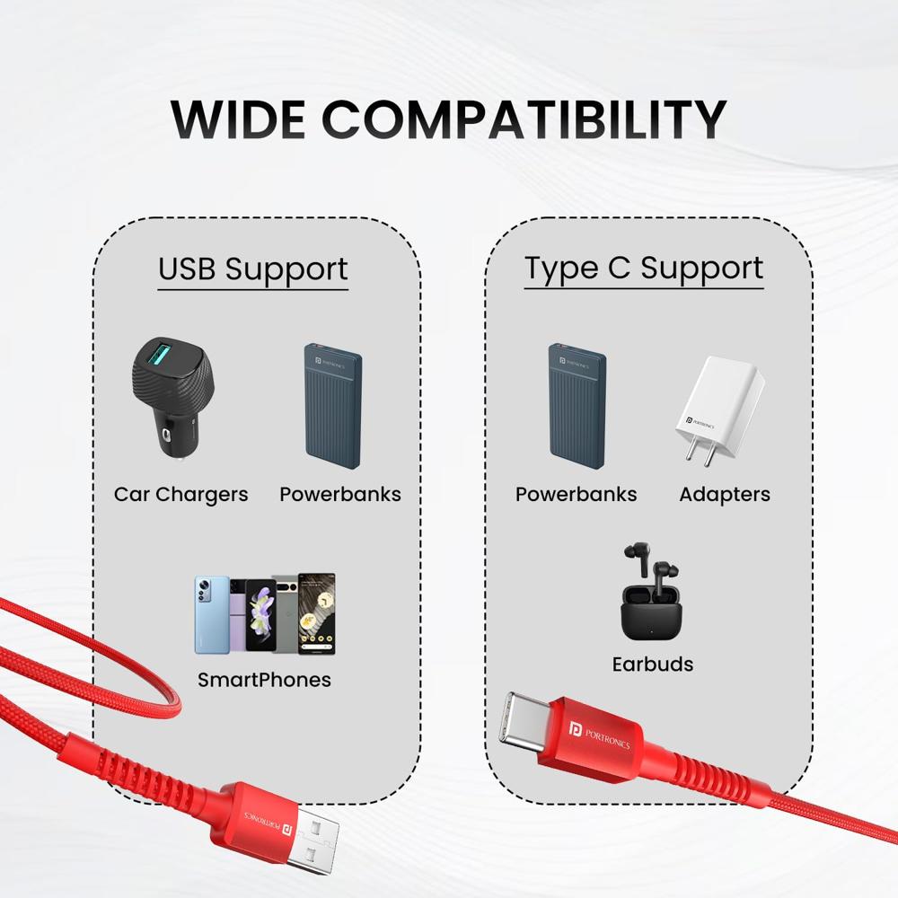Portronics Konnect X 60W 6A USB-A to Type C Fast Charging Cable With WARP/DASH/VOOC/SuperVOOC/FLASH Charging Support,