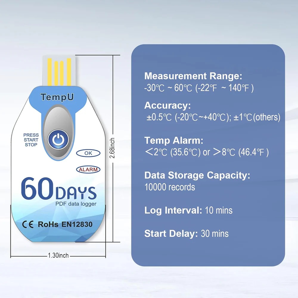 True Sense 60 Days Temperature Data Logger Disposable Temperature Recorder, TempU02-60