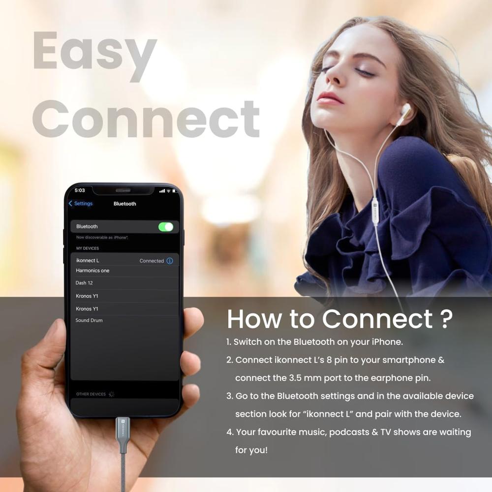 Portronics iKonnect L 8Pin to 3.5mm Audio Jack Splitter Connector with Hi-Res DAC Headphone Converter Adapter for 8Pin Phones