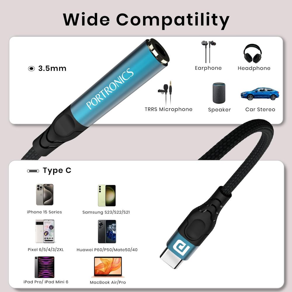Portronics iKonnect C Pro Type C to 3.5 mm Audio Jack Connector with DAC Headphone Converter Adapter Compatible with iPhone