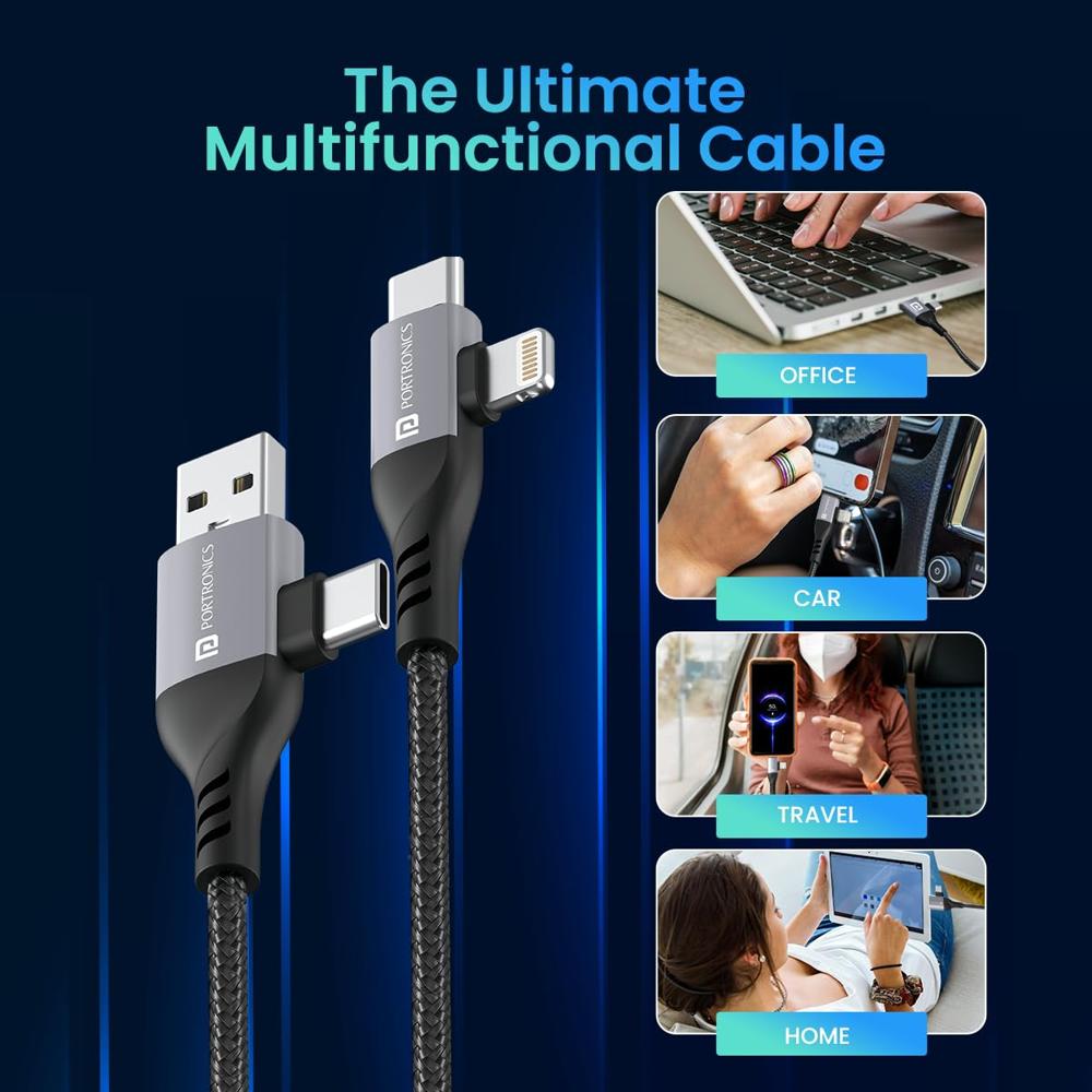 Portronics Konnect 4 IN 1 Unbreakable Nylon Braided Multi Functional Fast Charging Cable with Fast Data