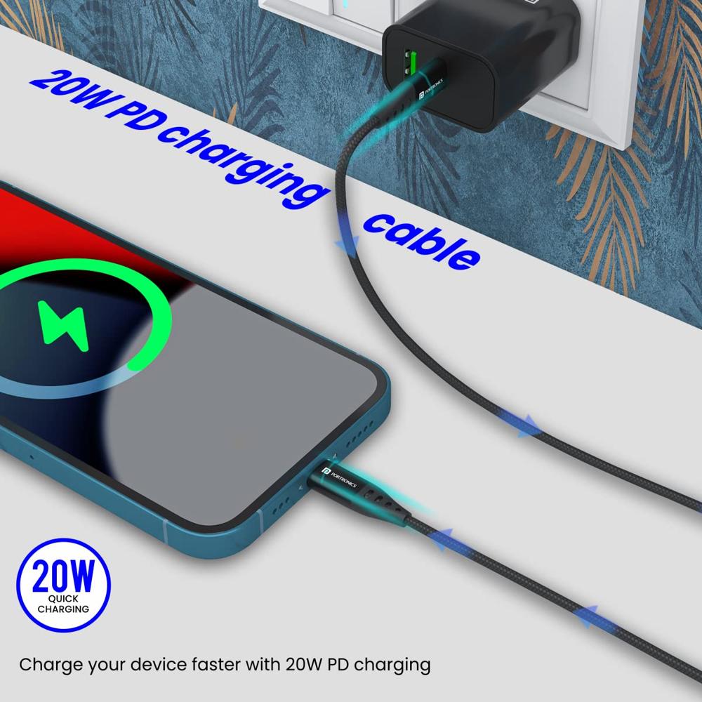 Portronics Konnect L1 20W Type C to 8 Pin Quick Charging Cable with Nylon Braided, Metal Heads, 1 M Length