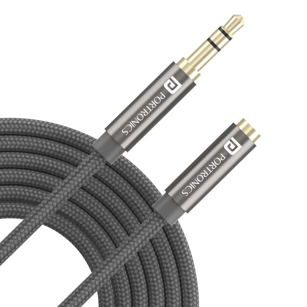 Portronics Konnect Aux 8 3.5mm Male To Female (aux Extension Cable) Gold Plated Connector With 2m Length, Nylon Jacket, - Color: Grey