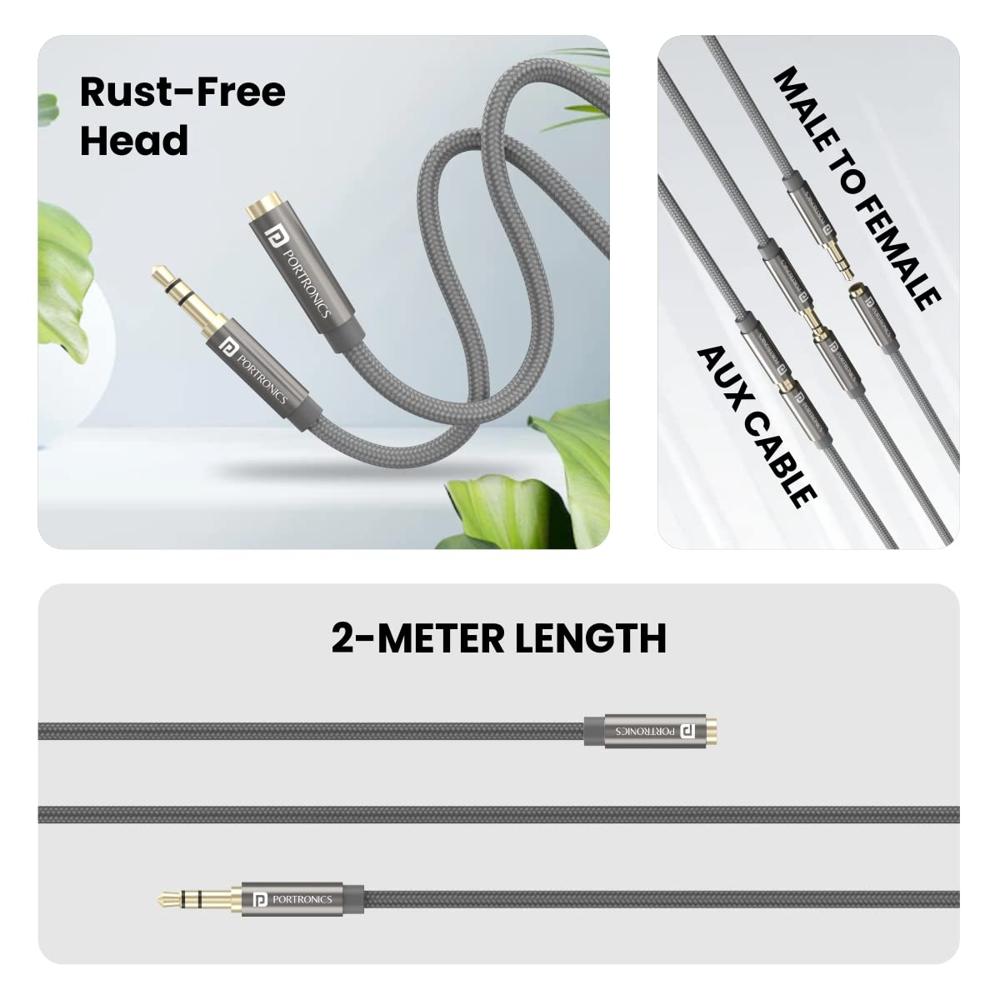 Portronics Konnect Aux 8 3.5mm Male to Female (Aux Extension Cable) Gold Plated Connector with 2M Length, Nylon Jacket,