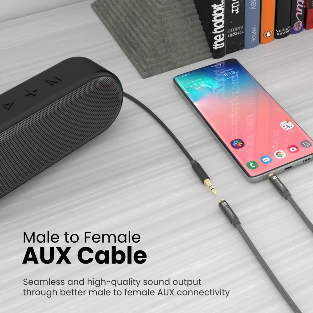 Portronics Konnect Aux 8 3.5mm Male to Female (Aux Extension Cable) Gold Plated Connector with 2M Length, Nylon Jacket,
