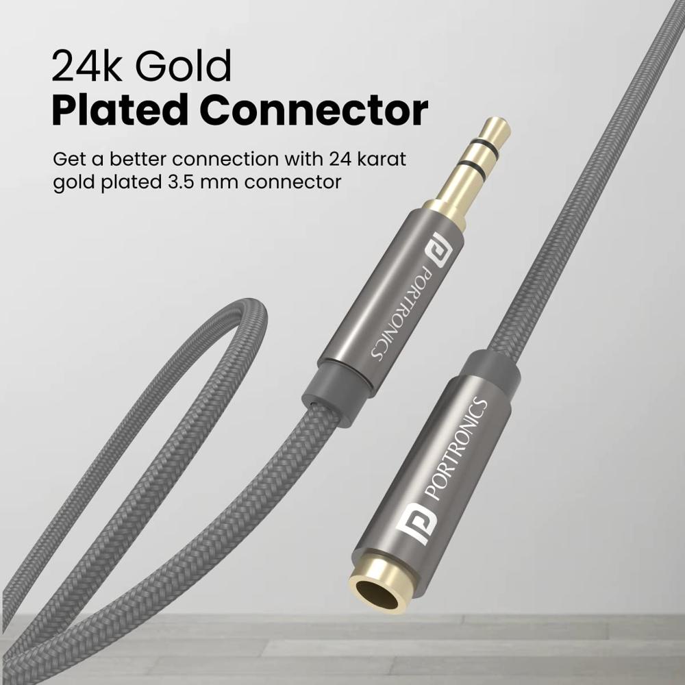 Portronics Konnect Aux 8 3.5mm Male to Female (Aux Extension Cable) Gold Plated Connector with 2M Length, Nylon Jacket,