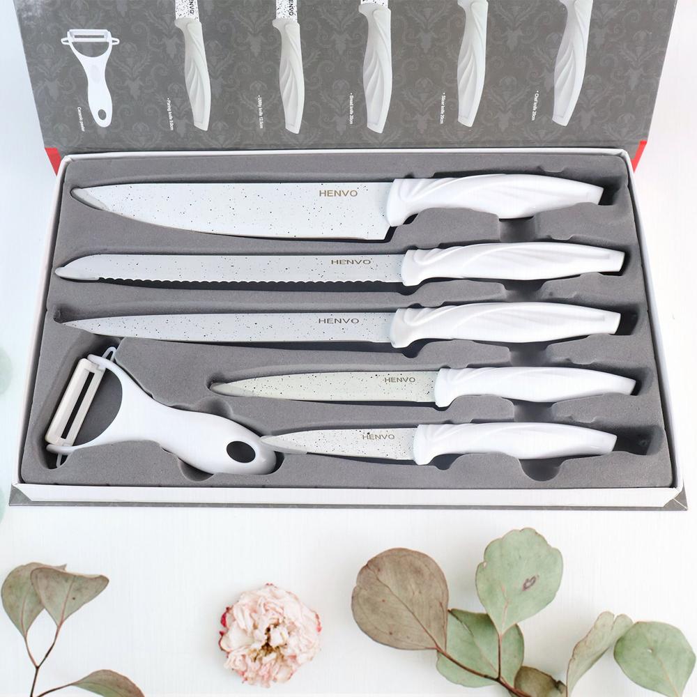 Marble Coated Stainless Steel Kitchen Knife Set (6 Pc) - Color: Mix