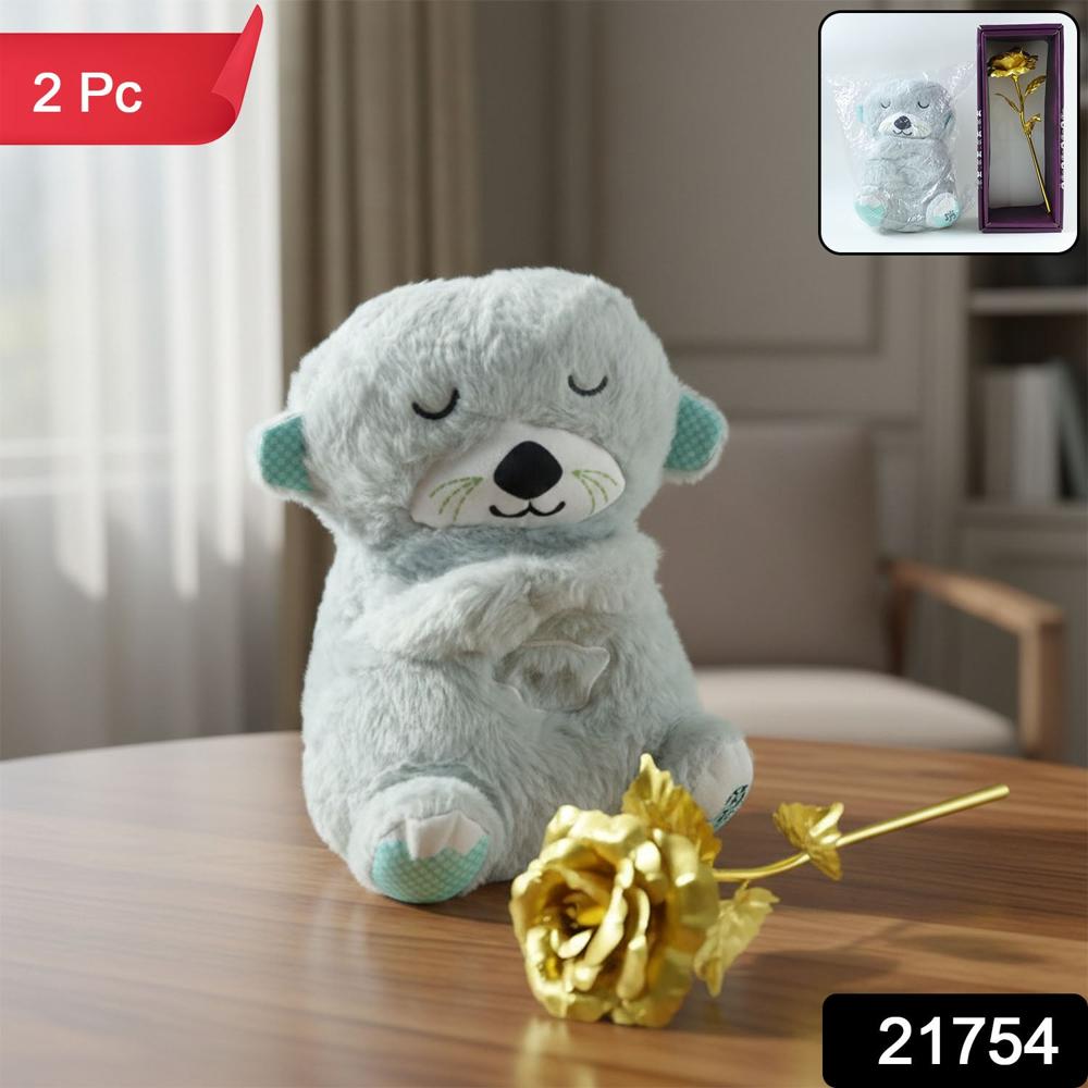 Teddy Bear with Artificial Golden Rose Flower Gift Set (2 Pc)