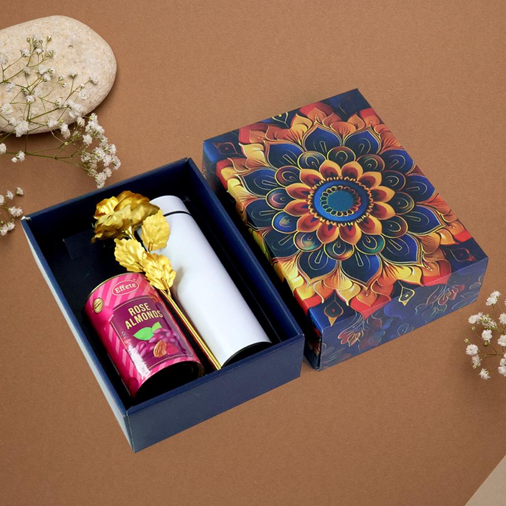Effete Rose Almonds Gift Hamper, Golden Rose With Bottle (3 Pc Set), Mix Color - Material: Steel