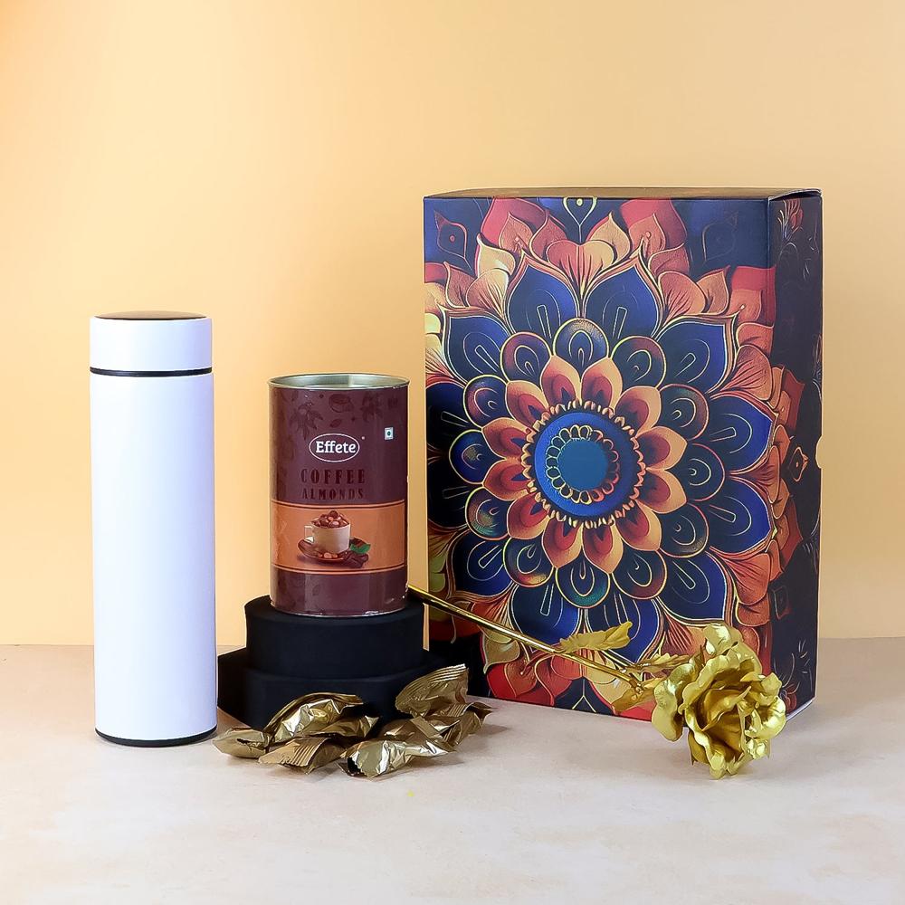 Effete Coffee Almonds Gift Hamper, Golden Rose With Bottle (3 Pc Set), Mix Color - Material: High-Quality Plastic
