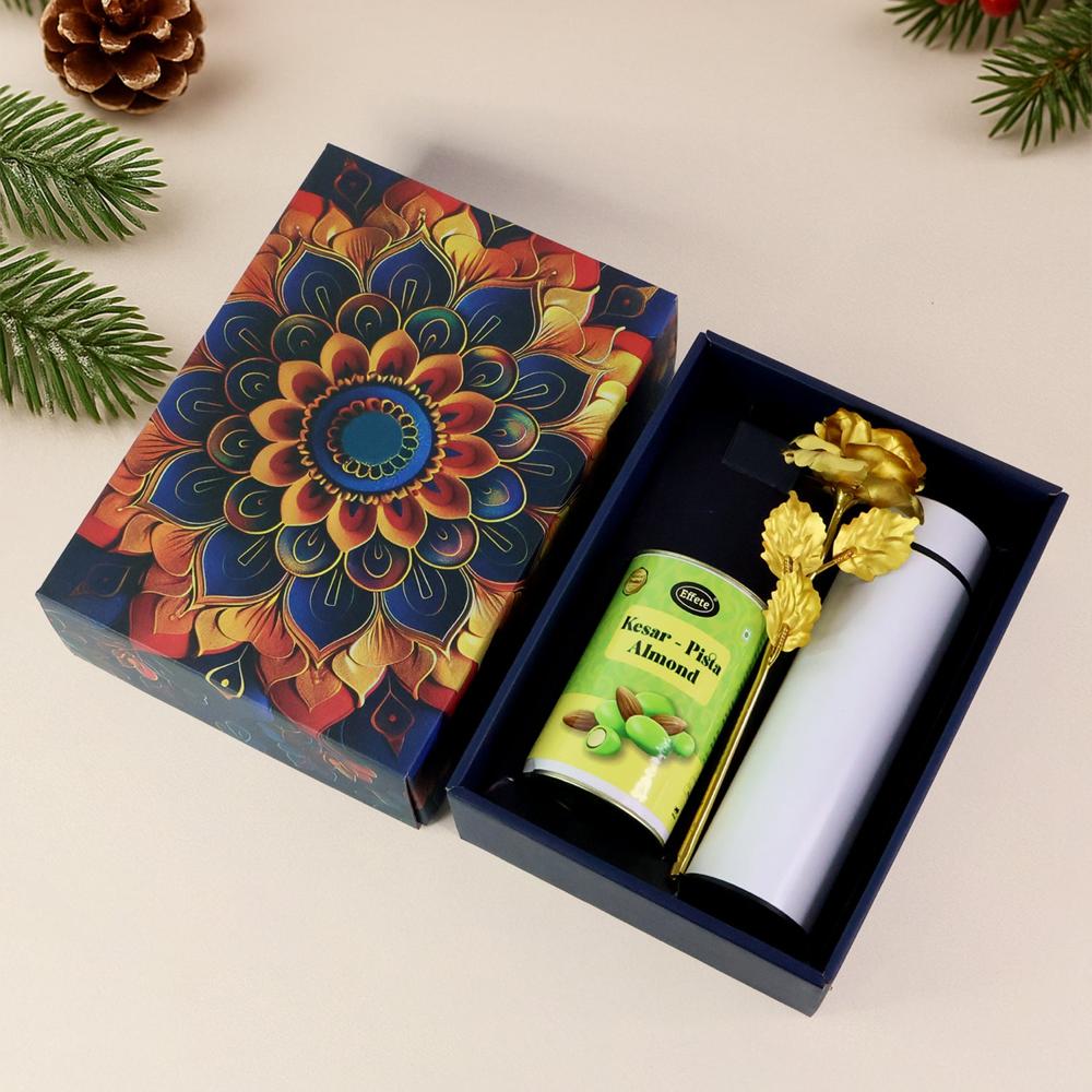 Effete Kesar Pista Almonds Gift Hamper, Golden Rose With Bottle (3 Pc Set) - Color: Mix