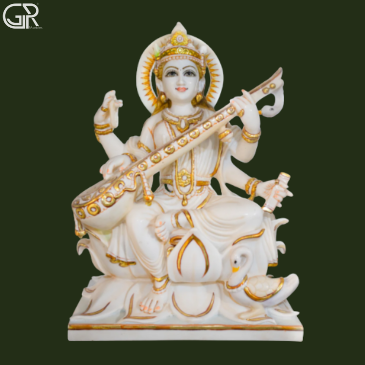 Marble Saraswati Statue - Color: Multi-color / White Base