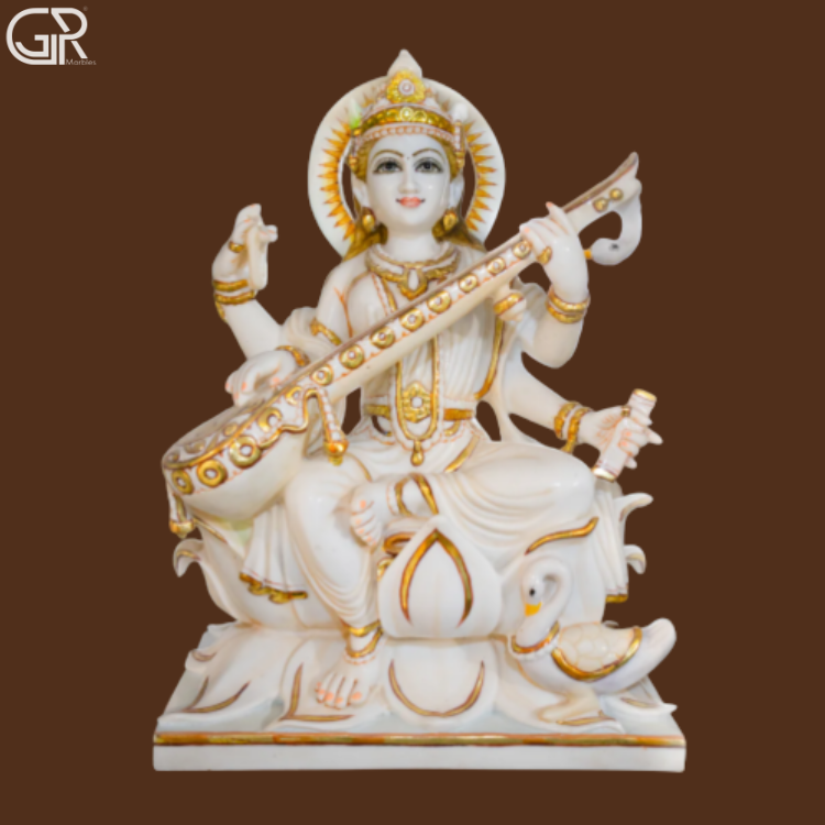 Marble Saraswati Statue - Color: Multi-color / White Base