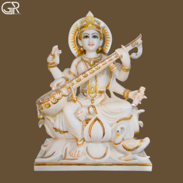 Marble Saraswati Statue - Color: Multi-color / White Base