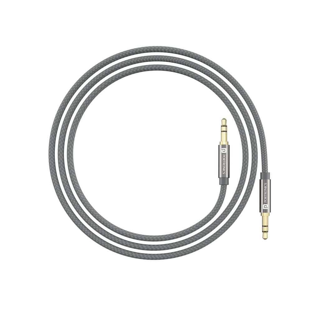 Portronics Konnect Aux 7 3.5mm Male To Male Aux Cable With 2 Meter Cable Length, 24k Gold-plated Connectors With Strong Nylon Braided Cable - Color: Grey