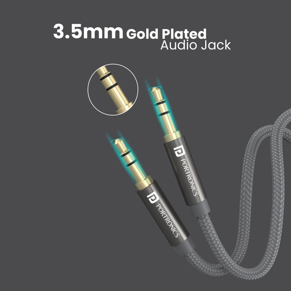 Portronics Konnect Aux 7 3.5mm Male to Male Aux Cable with 2 Meter Cable Length, 24K Gold-Plated Connectors with Strong Nylon Braided Cable