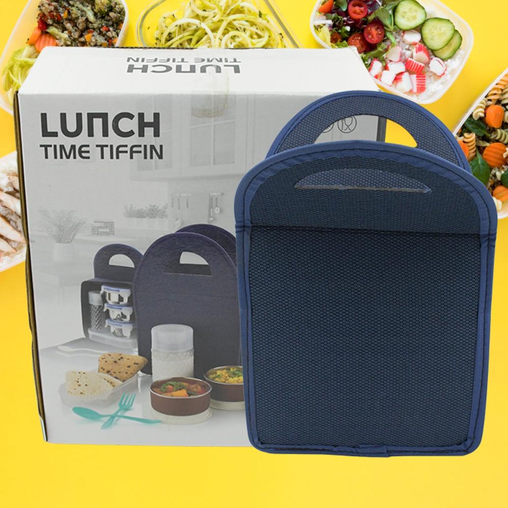 6in1 Tiffin Box-lunch Box | 3 Stainless Steel Containers | Plastic Lid Box | Spoon & Fork /plastic Bottle | Insulated Fabric Bag | Leak Proof | Microwave Safe For Office, College And School (6 Pcs) - Color: Mix