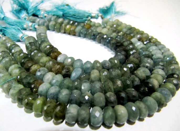 Natural Moss Aquamarine Rondelle Faceted Size 7-8mm Gemstone Beads Strand 8 inches