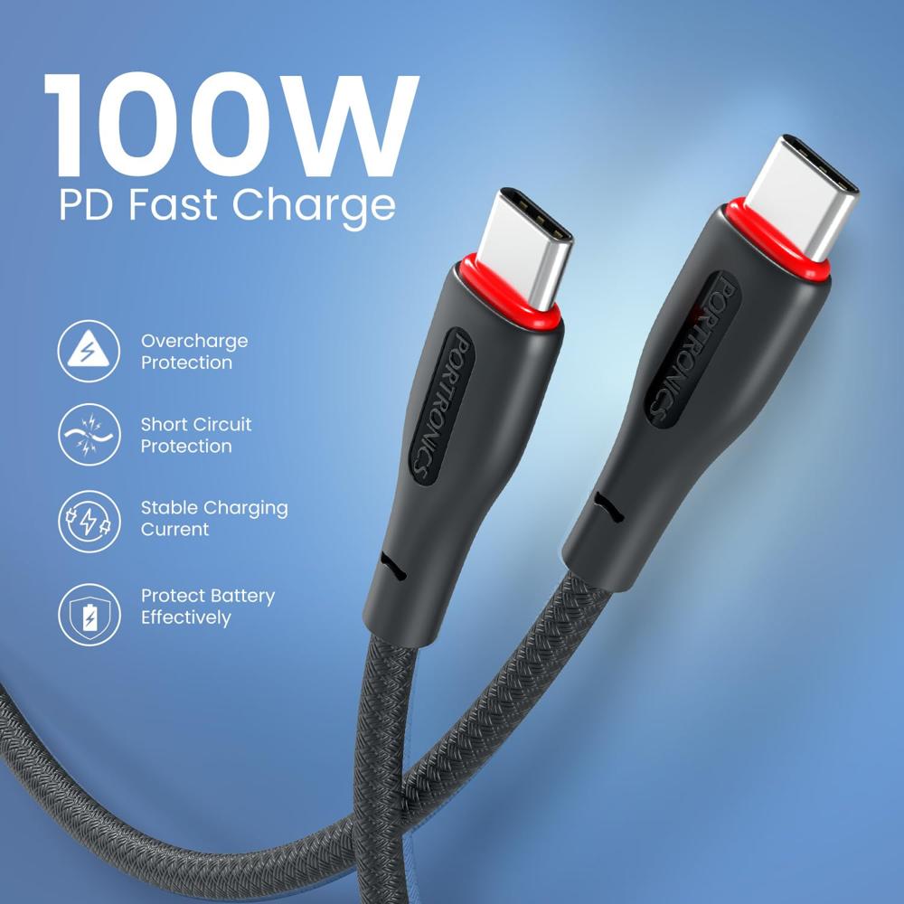 Portronics 100W Konnect B 1.5M Type C to Type C 5A Fast Charging Cable With E-Marker Chipset, Strong Braided Cable, Compatible