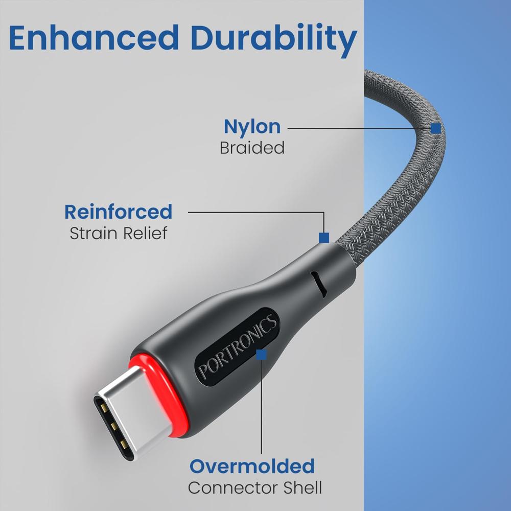 Portronics 100W Konnect B 1.5M Type C to Type C 5A Fast Charging Cable With E-Marker Chipset, Strong Braided Cable, Compatible