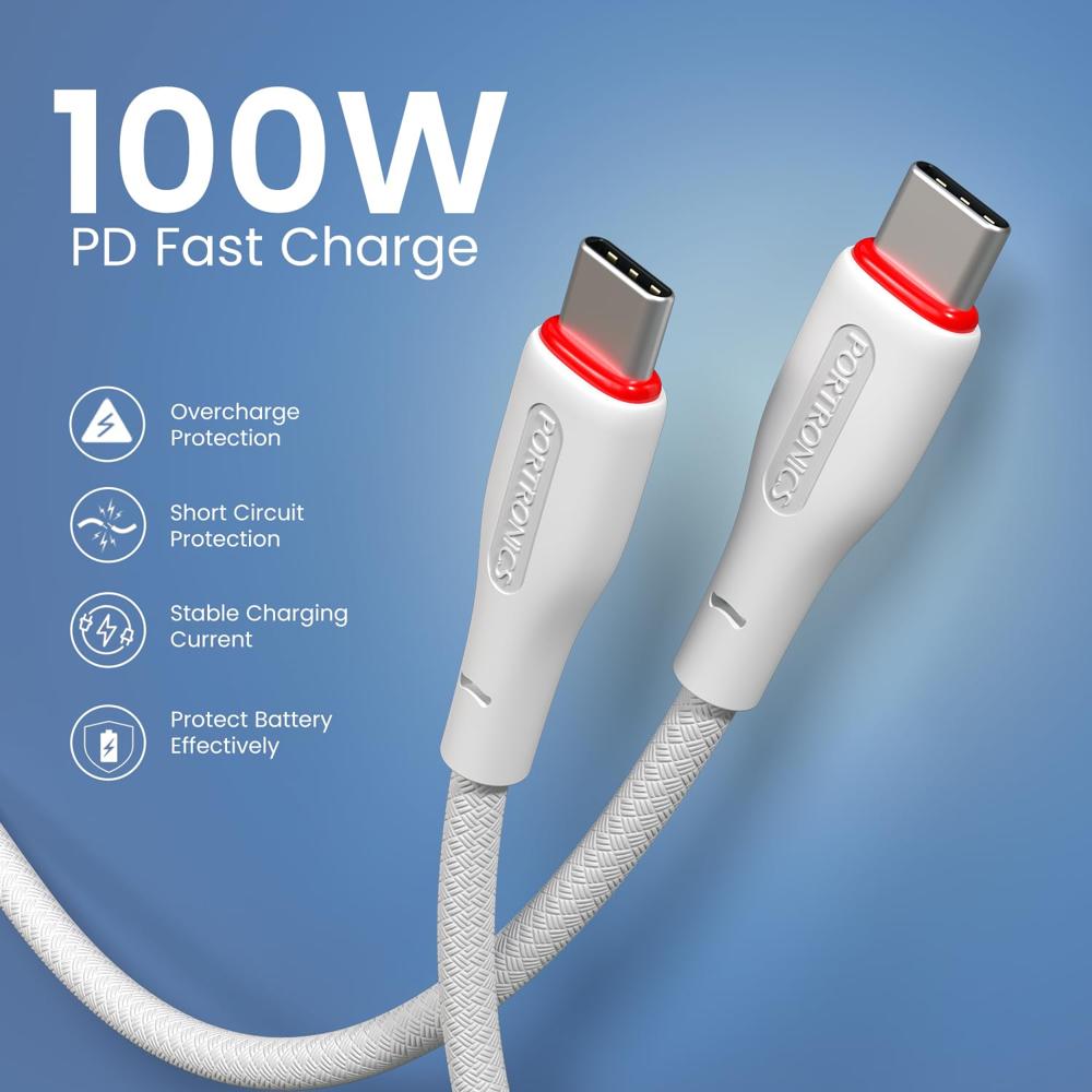 Portronics 100W Konnect B 1.5M Type C to Type C 5A Fast Charging Cable With E-Marker Chipset, Strong Braided Cable, Compatible With Laptops, Smartphone, Tablet, iphones, iPads & other type C Device