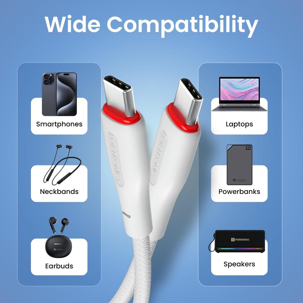 Portronics 100W Konnect B 1.5M Type C to Type C 5A Fast Charging Cable With E-Marker Chipset, Strong Braided Cable, Compatible With Laptops, Smartphone, Tablet, iphones, iPads & other type C Device