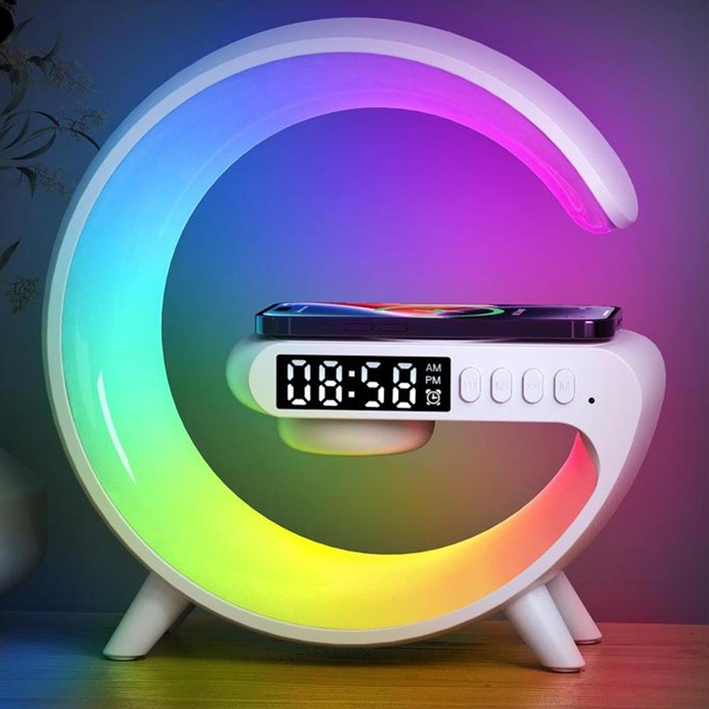 Smart Alarm Clock With G-Shape Rgb Light Bluetooth Speaker, Wireless Charging (1 Pc) - Color: Mix