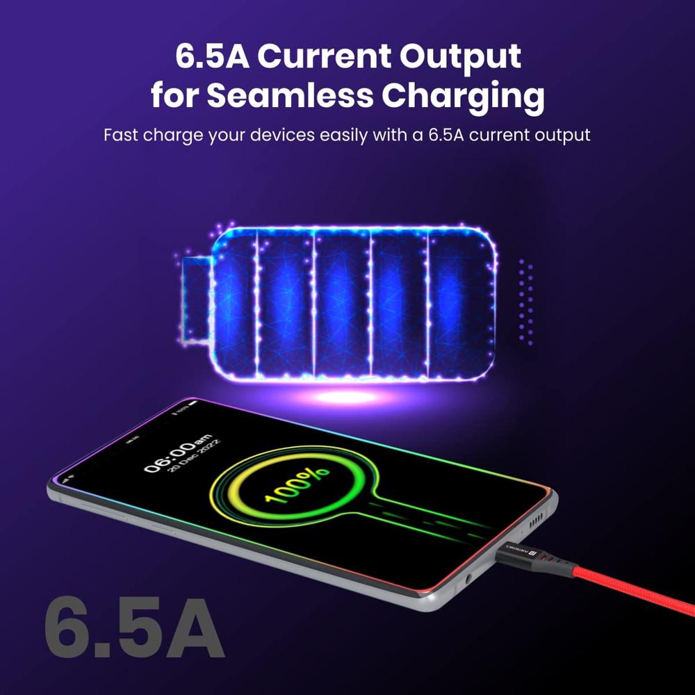 Portronics Konnect Dash 2 Unbreakable 6.5A 65w USB A to Type C VOOC Flash Charging Cable Design for OnePlus,Oppo