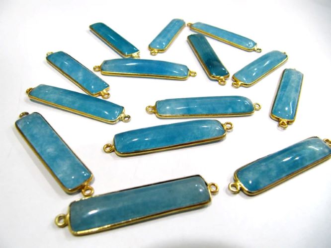 SET OF 2 Pcs - Blue Chalcedony Baguette Cabochon Connector Double Loop Bezel Connector 8x35mm