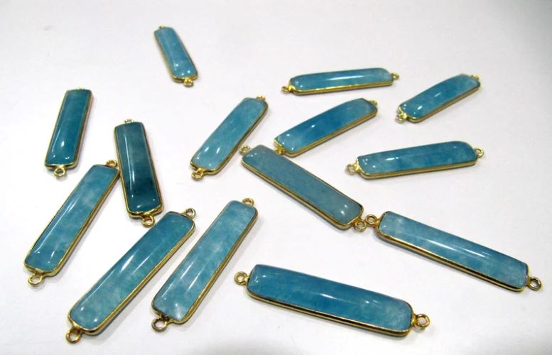 SET OF 2 Pcs - Blue Chalcedony Baguette Cabochon Connector Double Loop Bezel Connector 8x35mm
