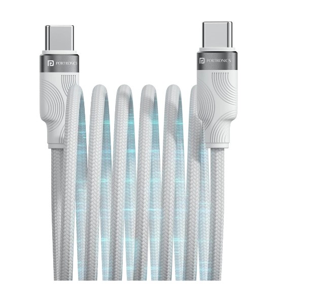 Portronics Type C 1 M Maglink C Square 60w Type C To Type C Magnetic Coiled Cable,strong Nylon Braided (compatible With Mobile, Tablet, White, One Cable) - Color: White