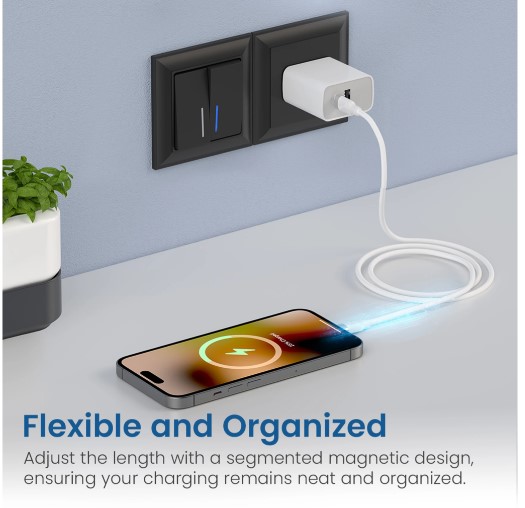 Portronics Type C 1 m Maglink C Square 60W Type C to Type C Magnetic Coiled Cable,Strong Nylon Braided (Compatible with Mobile, Tablet, White, One Cable)