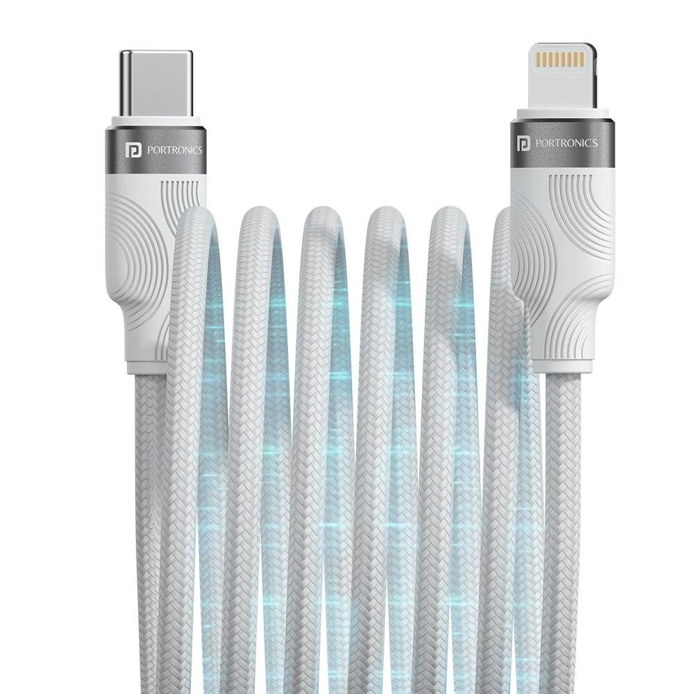 Portronics MagLink  CL 27W Type C to 8 Pin Magnetic Coiled Cable, Strong Nylon Braided, Aluminum Alloy Material, Fast Data Sync, Type C Fast Charging Compatible