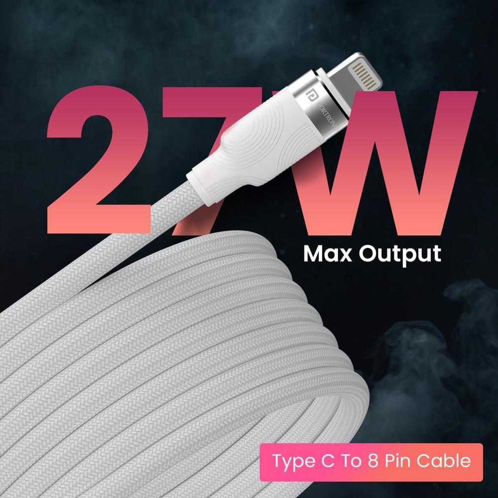 Portronics MagLink  CL 27W Type C to 8 Pin Magnetic Coiled Cable, Strong Nylon Braided, Aluminum Alloy Material, Fast Data Sync, Type C Fast Charging Compatible