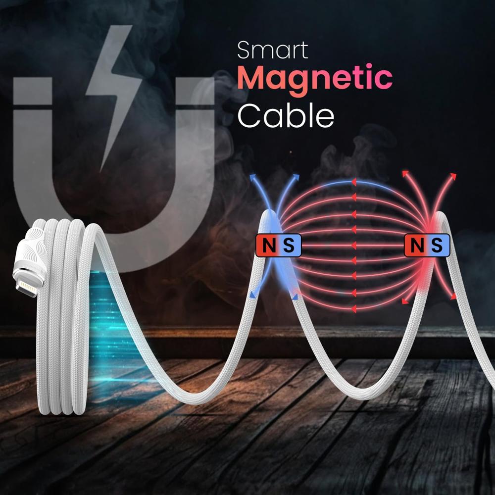 Portronics MagLink  CL 27W Type C to 8 Pin Magnetic Coiled Cable, Strong Nylon Braided, Aluminum Alloy Material, Fast Data Sync, Type C Fast Charging Compatible