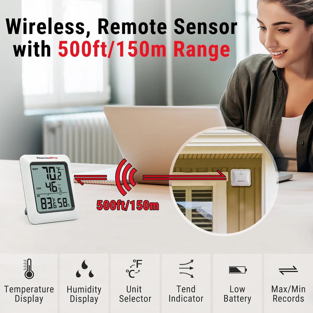 ThermoPro TP-60S Digital Hygrometer Indoor Outdoor Thermometer Humidity Monitor, TP-60S